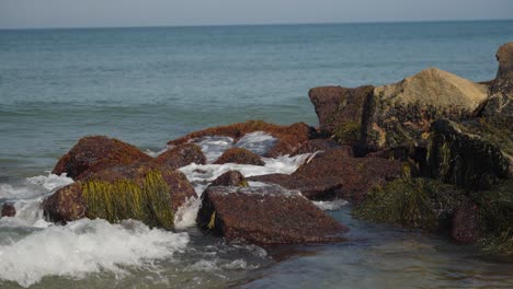 Friedliche-Tropische-Meereswellen,-Die-Im-Sommer-Auf-Felsen-Mit-Algen-An-Einem-Warmen-Strand-Krachen