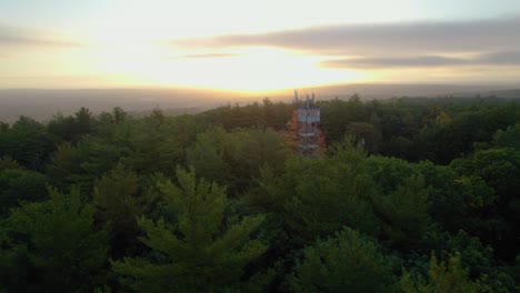 Aerial-of-fire-tower-peaking-through-fall-trees-at-sunrise