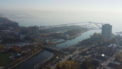 Scenic-aerial-view-of-the-picturesque-Lake-Ontario-shore-at-Port-Credit-in-Mississauga