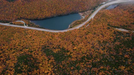 Aerial-of-a-small-lake-on-the-side-of-a-road-near-fall-foliage-with-clouds
