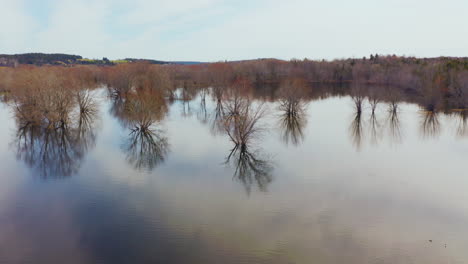 Aerial-drone-view-flying-over-a-flooded-river-with-trees-underwater