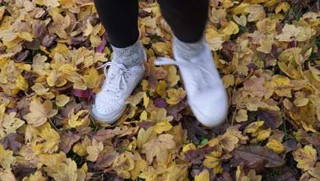 Mädchen-Tanzt-Im-Herbst-über-Die-Herbstblätter---Nahaufnahme-Fuß