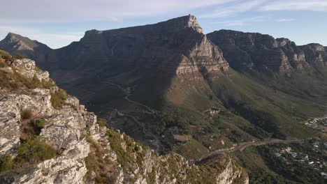 Table-Mountain-View-from-Lion's-head-in-Cape-Town-South-Africa---Aerial-wide-shot