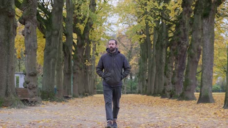 Man-walking-at-Jubelpark-in-Cinquantenaire-in-Brussels-city-centre-fall-season---steady-camera-shot