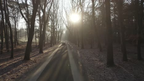 Drone-flying-fast-following-a-car-driving-on-a-road-in-the-forest-with-the-sun-casting-rays-between-the-trees-in-the-netherlands-in-4k