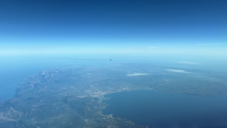 Jet-crossing-track-near-Mallorca-Island,-Spain,-Mediterranean-sea