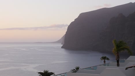 Los-Gigantes-Cliffs-during-sunset-with-a-palm-tree-blowing-in-the-breeze-in-the-foreground