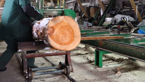 Sawmill-worker-rolls-log-on-stationary-bandsaw-and-it-almost-falls,-danger-in-workplace