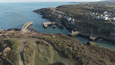 Aerial-Footage-of-Amlwch-Harbour,-North-Wales
