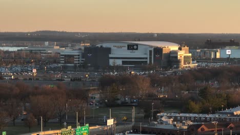 Long-aerial-zoom-view-of-Wells-Fargo-Center-indoor-sports-and-concert-venue-stadium