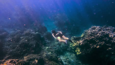 Frau,-Die-Unter-Wasser-In-Wunderschönen-Blauen-Ozean--Und-Korallenriffen-Mit-Atemberaubenden-Lichtstrahlen-Von-Oben-Schnorchelt