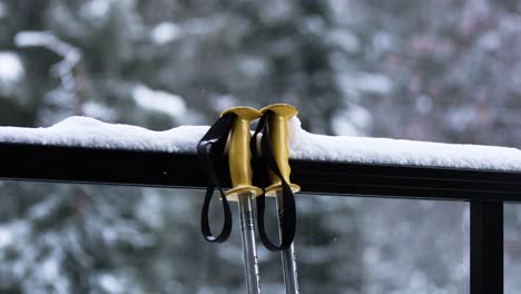 Two-ski-poles-with-yellow-handles-laying-against-a-glass-railing-while-its-snowing-with-a-pine-forest-in-the-background