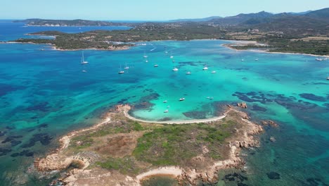 Cavalli-Island-surrounded-by-boats-and-turquoise-blue-sea-in-Sardinia,-Italy---Aerial-4k