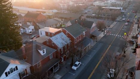 Lititz-Pennsylvania-aerial-establishing-shot-at-winter-sunrise