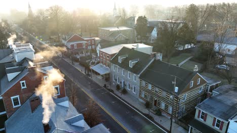 Historic-Colonial-homes-line-street-in-Lititz-Pennsylvania-during-cold-winter-morning