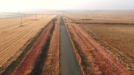 Drone-shot-of-an-empty-road-in-south-africa-during-winter-dry-farmlands-on-either-side