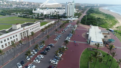 Drone-shot-towards-sun-coast-casino-and-Moses-mabhida-stadium-in-Durban-South-Africa