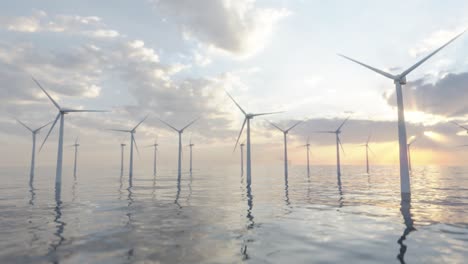 Wind-turbines-generating-clean-alternative-green-energy,wind-farm-in-the-ocean,-climate-change-solution,-slow-reveal,-fly-through,-ocean-sunset,-aerial-3D-render