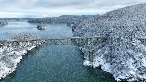 Wide-shot-of-a-bridge-spanning-water-with-snow-actively-falling
