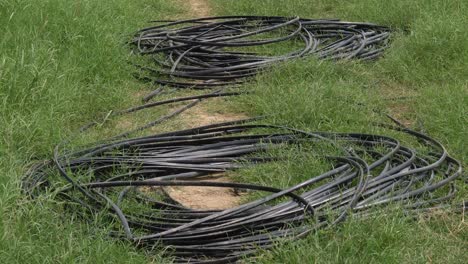 Coiled-Up-Black-Hosepipes-Laying-On-Ground
