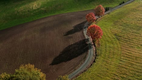 Drohnenaufnahme-Der-Landschaft-Im-Herbst-Mit-Leuchtend-Roten-Bäumen-Inmitten-Einer-Straße,-Die-Die-Landschaft-Durchquert,-Dordogne---Frankreich