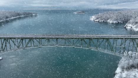 Wide-aerial-view-of-an-empty-bridge-during-a-snow-storm