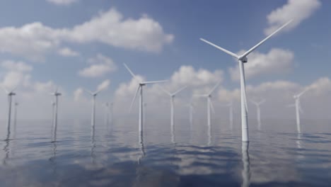 Windkraftanlagen,-Die-Saubere-Alternative-Grüne-Energie-Erzeugen,-Windpark-Im-Ozean,-Lösung-Für-Den-Klimawandel,-Langsame-Offenbarung,-Durchfliegen,-Ozeanuntergang,-3d-rendering-Aus-Der-Luft