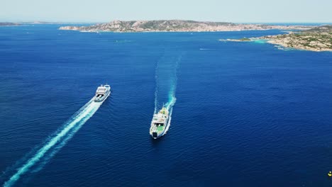 Ferries-sailing-from-Palau-to-La-Maddalena-Islands,-Sardinia---Aerial-4k
