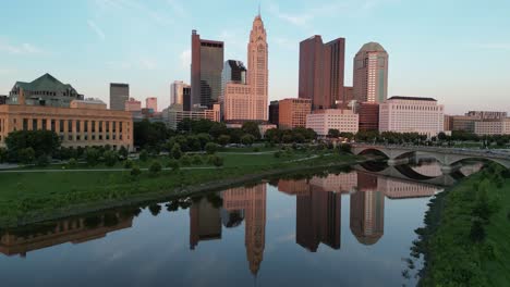 Aerial-golden-hour-city-skyline-pan---Columbus,-Ohio