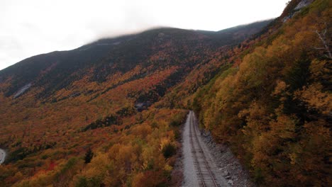 Aerial-of-train-tracks-in-the-mountains-surrounded-by-fall-foliage