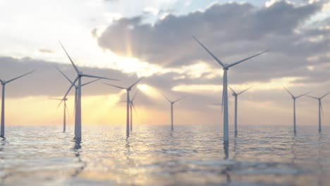 Camera-fly-over-wavy-ocean,-many-green-energy-wind-turbines-spinning