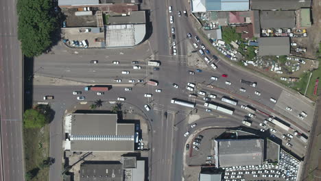 Bird-eye-view-aerial-shot-on-a-busy-intersection-in-an-industrial-area-Durban,-South-Africa