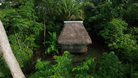 Aerial-drone-fly-view-of-Jungle-hut-in-the-Amazonia,-surrounded-by-trees,-rivers,-tropical-climate,-wild-animals,-rain-in-the-forest