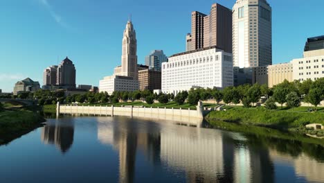 Sunny-aerial-skyline-water-reflection-with-pan-to-buildlings---Columbus,-Ohio