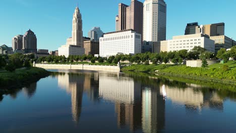 Slow-sunny-aerial-skyline-pan-from-river-up-to-buildings---Columbus,-Ohio