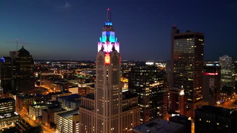 Luftaufnahme-Downtown-Columbus-Nacht-Leveque-Tower-Besteigung