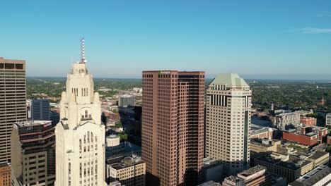 Aerial-Cityscape-of-Ohio-Statehouse,-Leveque-Tower-and-Huntington-Government-Buildings---Columbus,-Ohio