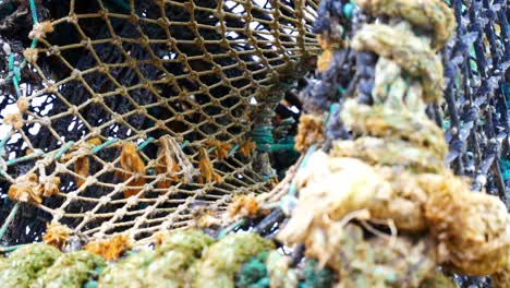Stacked-empty-fishing-harbour-lobster-net-baskets-closeup-dolly-left
