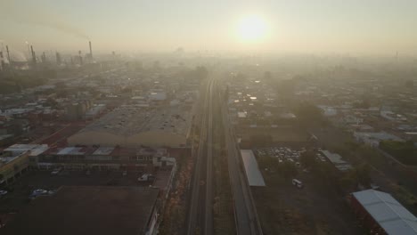 Aerial-view-of-the-railways-in-a-highly-polluted-city