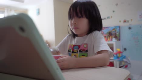 Five-year-old-Chinese-girl-eating-alone-while-looking-at-a-digital-tablet-screen,-reading-or-watching-something-as-her-eyes-glued-to-the-tablet-and-eating