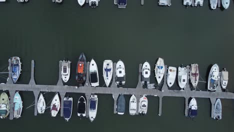 Top-down-aerial-drone-view-above-luxury-moored-private-marina-sailing-ships-and-yacht-boats-slow-forward-shot