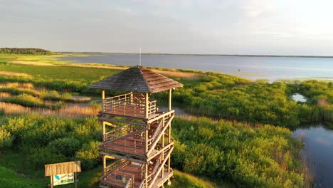 Golden-sunrise-rustic-birding-hide-lookout-tower-in-idyllic-wetland-wilderness