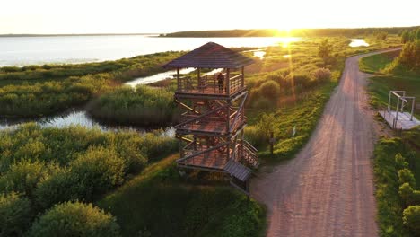 Girl-watching-golden-sunrise-from-wetland-birding-hide-observation-tower-aerial-rising-pull-back