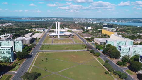 View-of-Brasilia,-Brazil,-with-a-lake-on-the-background,-showing-government-offices,-congress,-foreign-office-and-the-presidential-palace,-before-2022-presidential-elections
