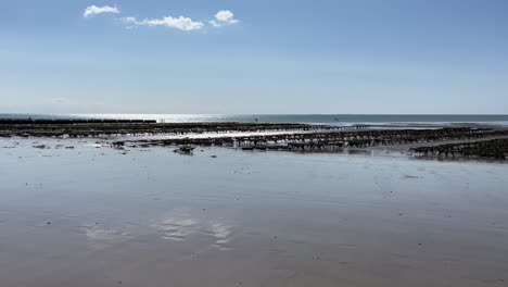 Mussels-and-Oyster-Shellfish-Farm-in-the-Atlantic-Ocean-at-Brehal,-Granville-in-France