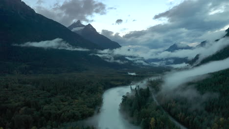 Misty-Mountain-Forest-Landscape-In-British-Columbia,-Canada---aerial-drone-shot