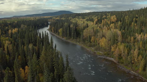 Stunning-aerial-footage-of-river-running-through-forested-landscape,-sunset,-Canada