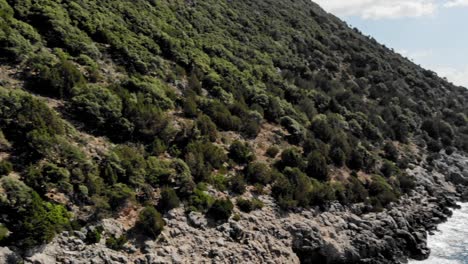 Un-Exuberante-Bosque-Verde-Cubría-La-Montaña-En-La-Orilla-De-La-Playa-De-Jerusalén-En-Kefalonia,-Grecia