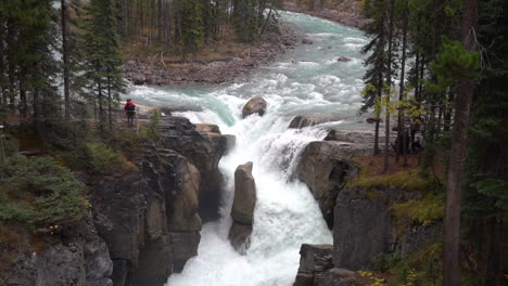Sunwapta-Falls,-Jasper-National-Park,-Alberta,-Canada,-Glacial-River-and-Scenic-Waterfall,-Slow-Motion