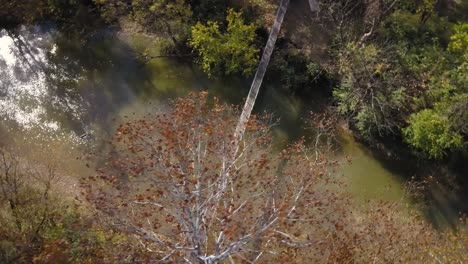 Drone-shot-of-a-suspension-bridge-over-a-river-in-the-woods-during-the-autumn-season